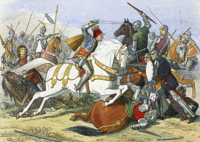 A colour drawing from the 1860's depicting Richard III riding a white horse in the Battle of Bosworth Field