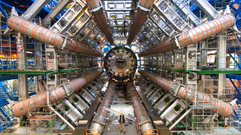 Researchers used the ATLAS detector, seen here under construction, to spot rare ‘light-by-light’ scattering.
