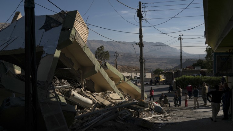A building toppled by an earthquake in Zagros Mountains, Darbandikhan, Iraq.