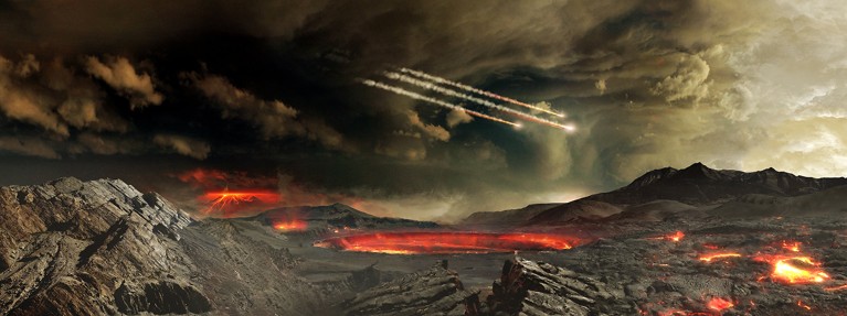 An artist's concept of the young Earth being bombarded by asteroids.