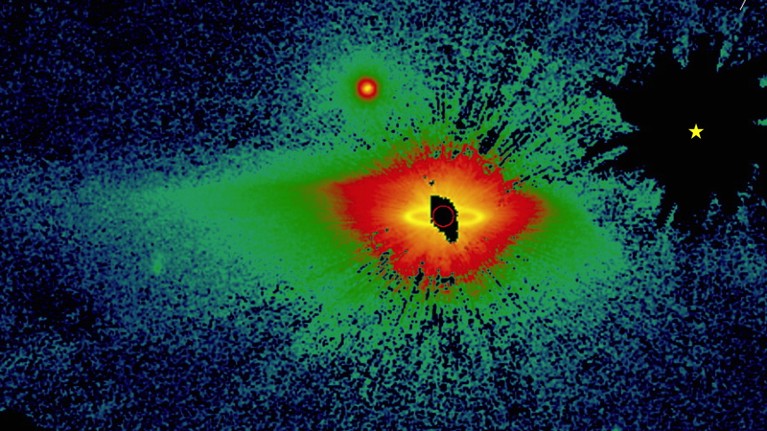 This massive dust ring (yellow) is nestled within an even bigger and more-complex dust field (red and green).