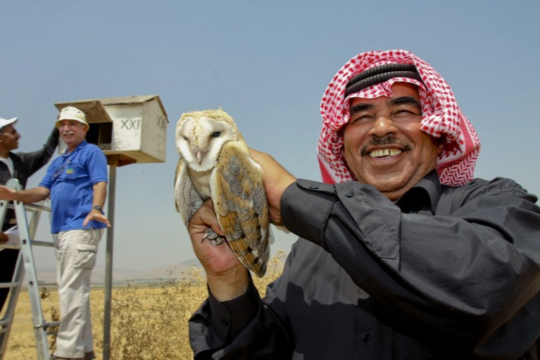 A Jordanian farmer holding Barn Owl in Kibbutz Sde Eliyahu, Israel