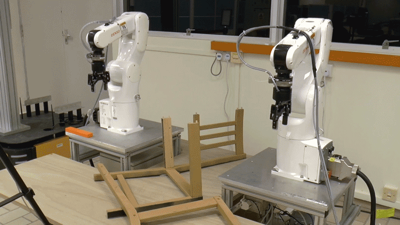 Robot arms assemble a flat-pack chair
