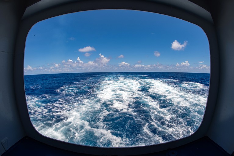 A view from the back of the freighter and cruise ship Aranui 5 as it sails in the Pacific Ocean.