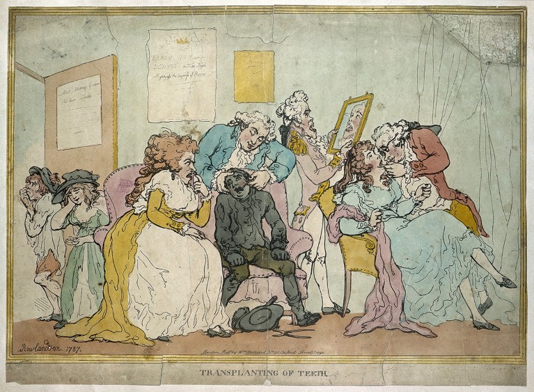 Coloured eighteenth-century etching: a dentist extracts teeth from a poor boy; another implants them in a wealthy woman's mouth.