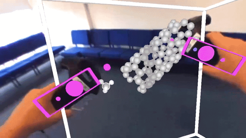 User pulls methane through a nanotube in a virtual reality environment