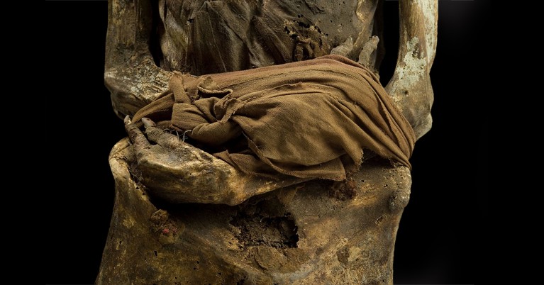 Close up view of a mummy with crossed clasped hands. A bundle of cloth partially covers her hands like a muff.