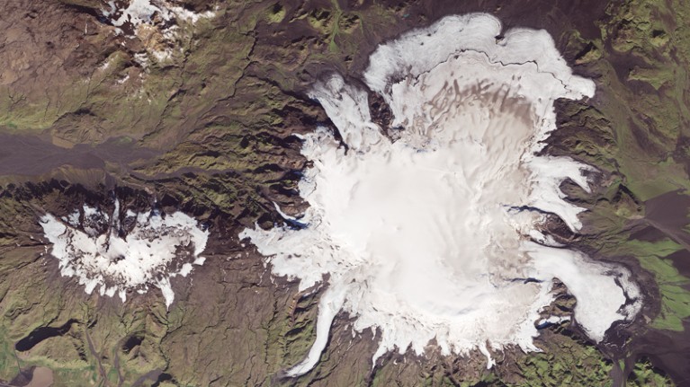 Satellite view of subglacial volcano, Katla, in Iceland