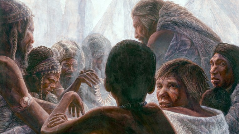 Illustration of Neanderthals with modern humans