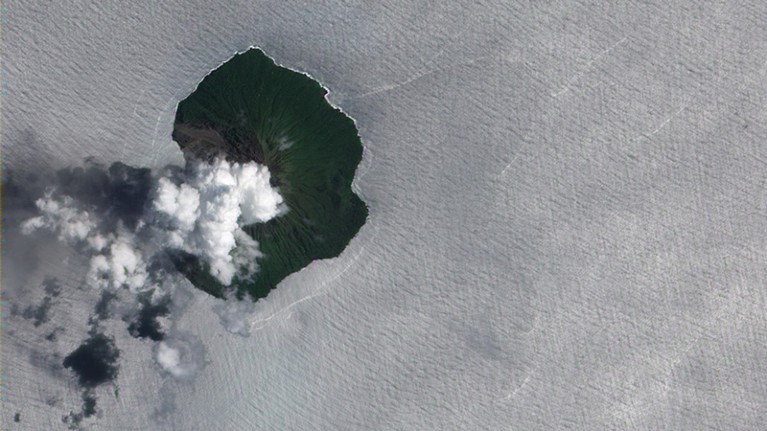 Satellie image of Tinakula volcano erupting on 14th February 2012