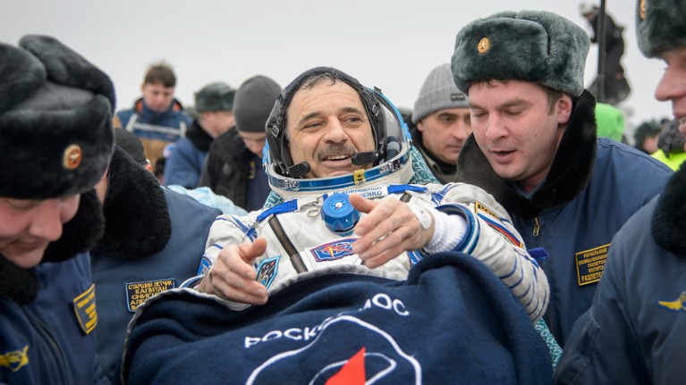 Russian cosmonaut Mikhail Kornienko returning from a year-long mission in space