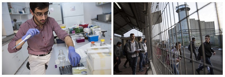 Image on left is a Palestinian scientist at work, image on right is a security checkpoint