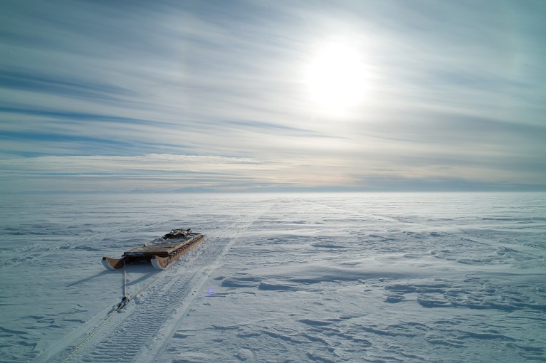 Near the Whillans drill site toward the Trans Antarctic mountains along the edge of the ice shelf
