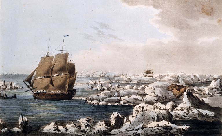 Watercolour painting by John Webber showing Cook's ships the Resolution and Discovery sailing through ice floes in Alaska