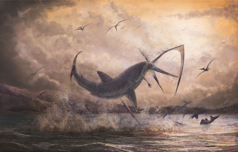 Illustration of Cretoxyrhina attacking Pteranodon
