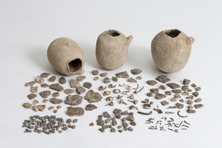 The Ein Hofez silver hoard, made up of three pots with many fragments of silver