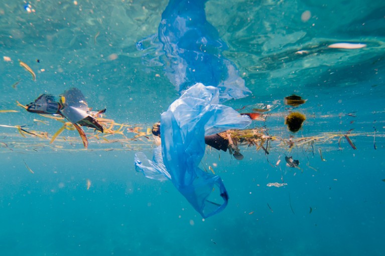 Plastic bags and debris floating in clear blue water
