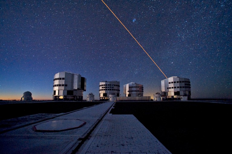 The ESO Very Large Telescope at twilight, made up of four Unit Telescopes and four Auxiliary Telescopes