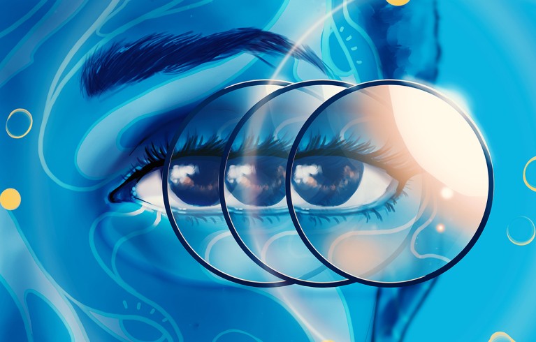 Artistic image of a woman's face focused on the eye and a magnifying glass held in front of it