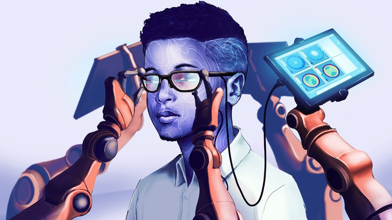 Artistic image showing a person wearing glasses surrounded by robotic arms