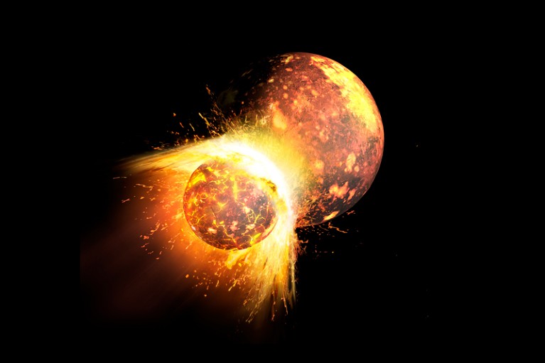 Artist's impression of a collision between Earth and a protoplanet, thought to have led to the formation of the Moon