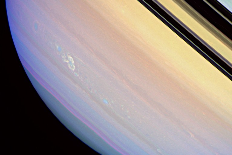 Image of a storm in Saturn's atmosphere captured by the Cassini spacecraft wide-angle camera on March 4, 2008.