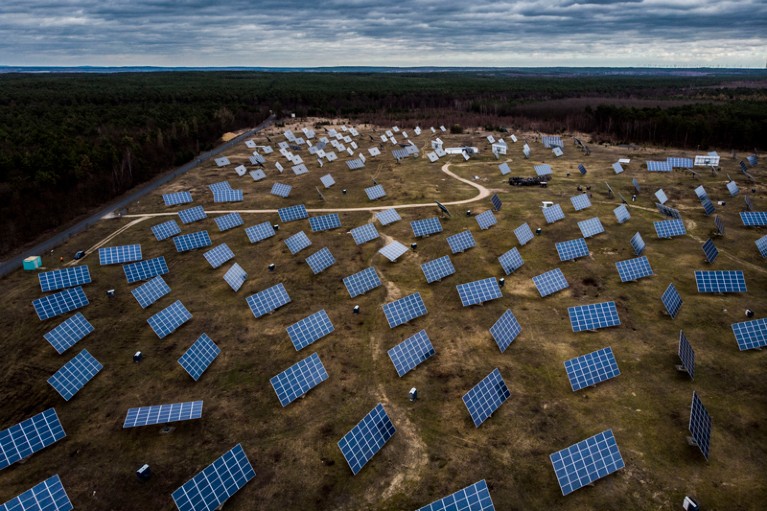 Aerial view of solar panels in a field in Germany