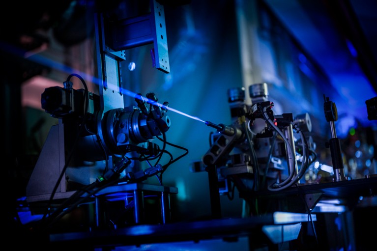 An X-ray beam appears as a thin blue beam at the European X-Ray Free-Electron Laser Facility