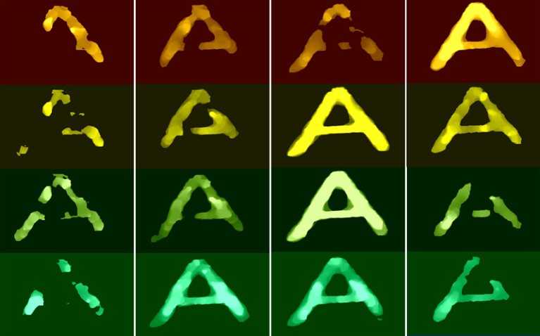 Images of the letter A written in dye, acquired at distinct wavelengths and different time delays