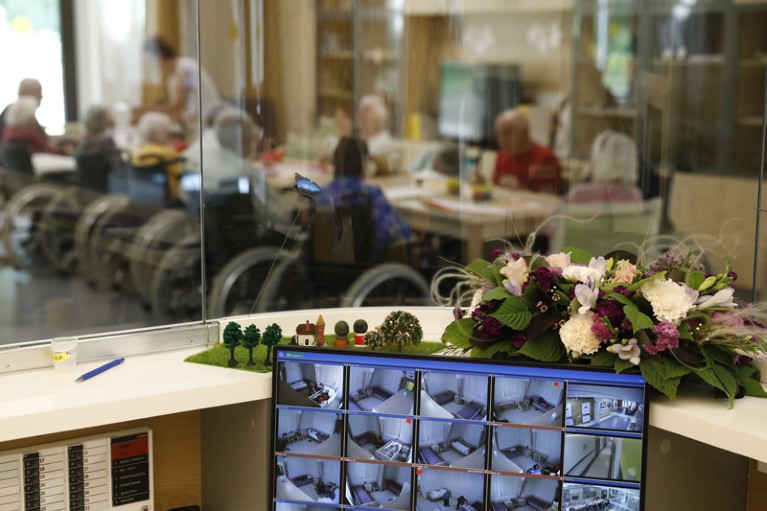 A computer monitor showing surveillance cameras images at a geriatric care centre