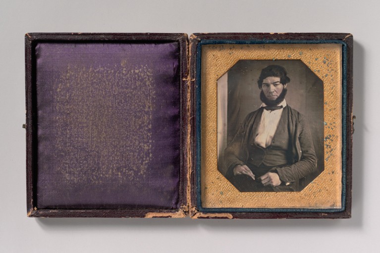 Daguerreotype in case of man with chic curtain beard, 1840s.