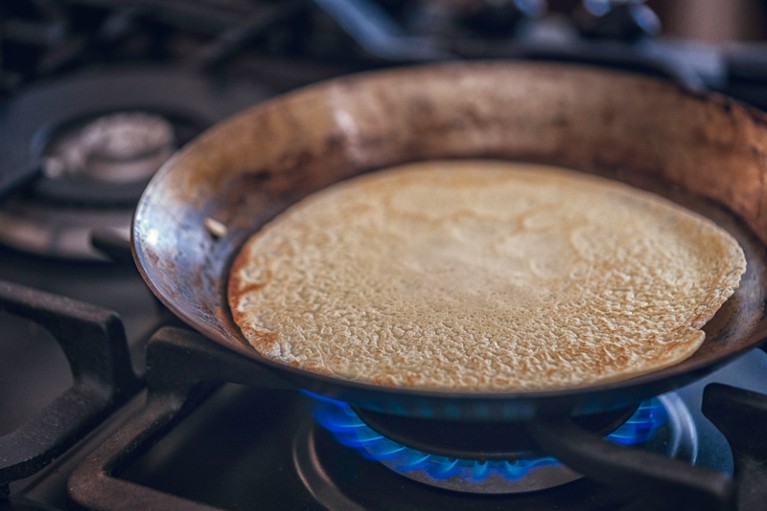 Preparing crepes in a pan