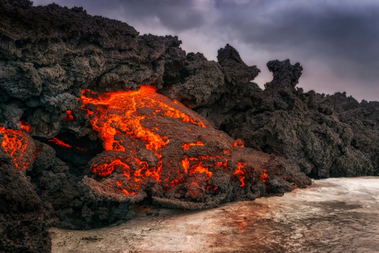 Glowing lava flowing from an eruption of the Bardarbunga Volcano, Iceland