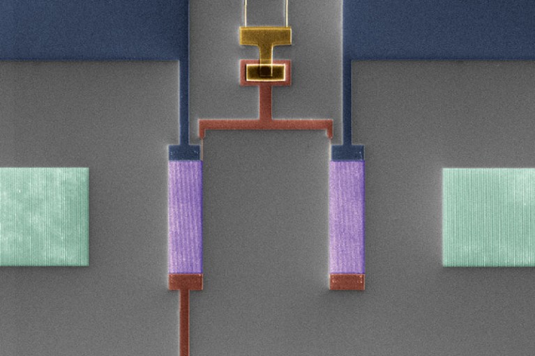 False-colour SEM micrographs of a qubit IDT device