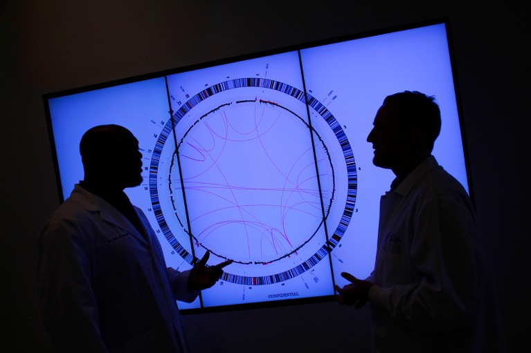 Oncologists silhouetted against a cancer genome display