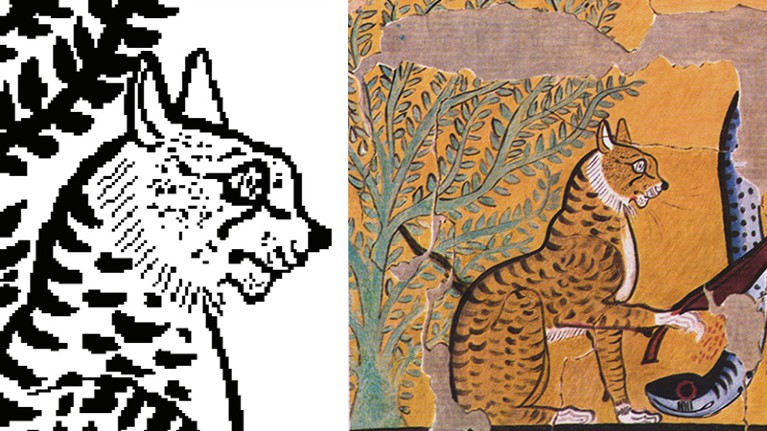 Composite image of Cat image stored in metabolites and original artwork of Cat Killing a Serpent