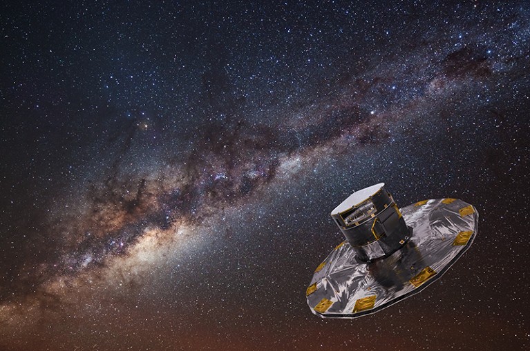 Artist's impression of the Gaia spacecraft, with the Milky Way in the background