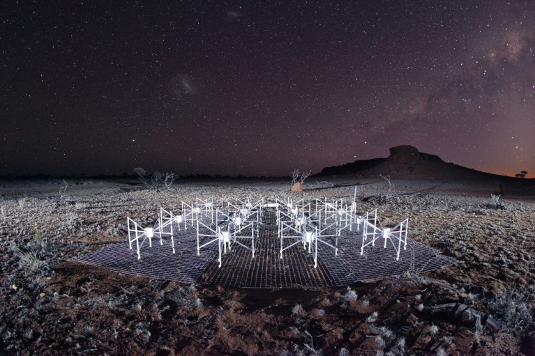The Southern night sky seen over the Murchison Widefield Array radio telescope antennas
