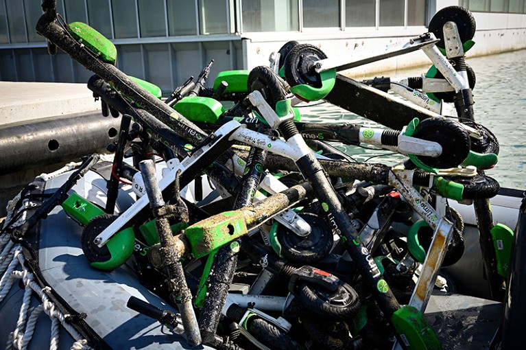 A pile of rescued e-scooters after their recovery from the seawater, along the Marseille's coast, southeastern France