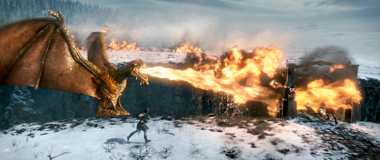 3D computer animation of a dragon breathing fire from Beowulf (2007)
