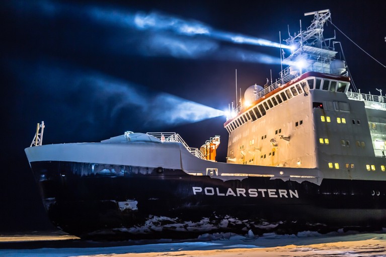 Polarstern in darkness shining spotlights, Weddel Sea, Jul 4, 2013