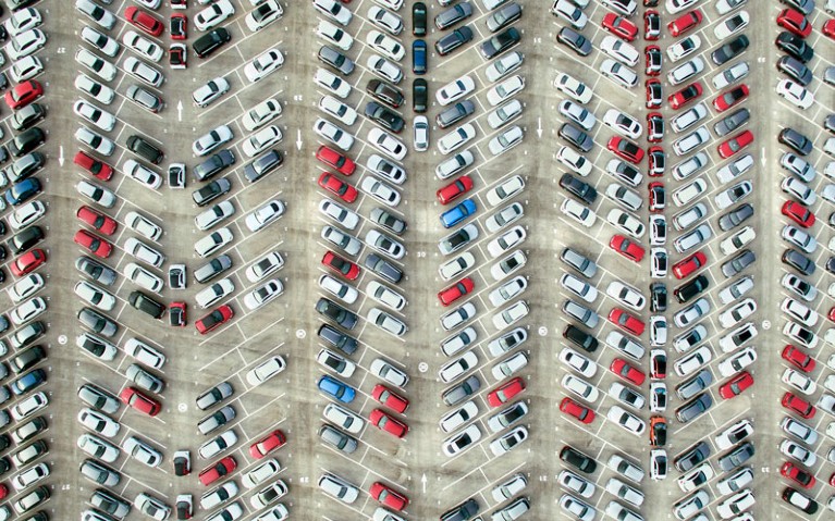 Aerial view of parked cars.