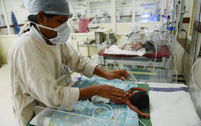 Premature baby in the postnatal intensive-care unit at a local hospital in Shivpuri, India.