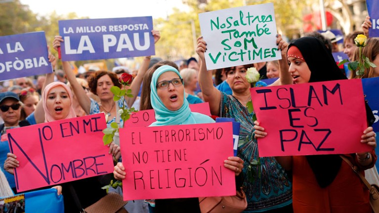Muslim women during a march against terrorism in Barcelona on August 2017.