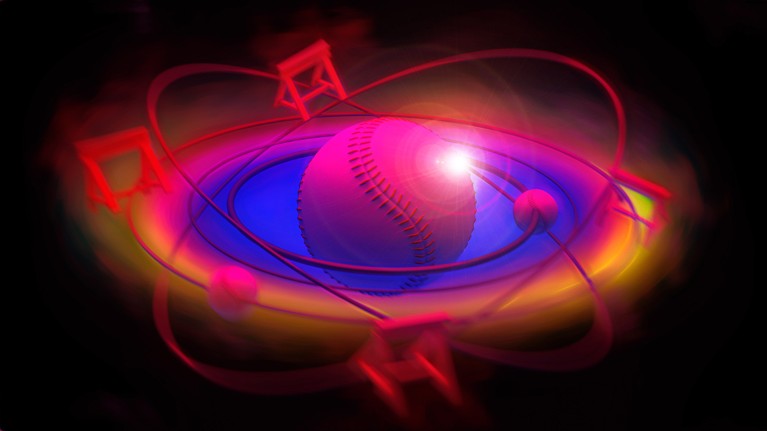 Artistic image of a baseball at the heart of a swirling vortex