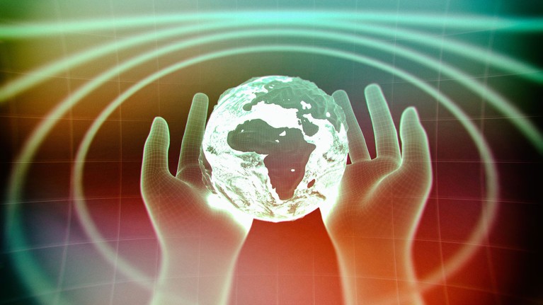 Artistic image of a pair of ghostly hands holding a glowing Earth
