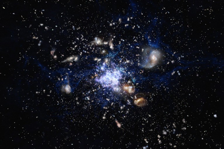 An artist’s impression depicting the formation of a galaxy cluster in the early Universe