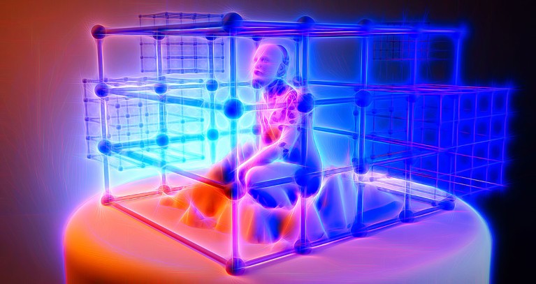 Artistic image of a human crouching in a cage