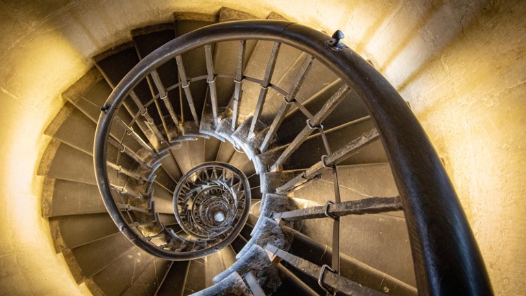 The interior staircase with 311 steps inside The Monument to the Great Fire of London.
