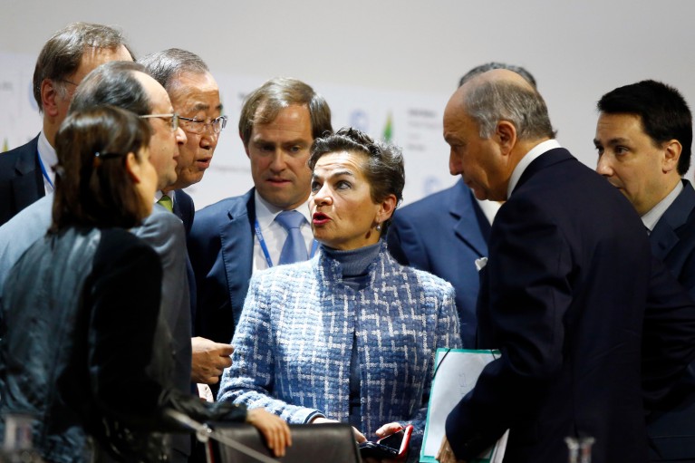 Francois Hollande, Ban Ki-moon and others listen to Christiana Figueres speak at the COP21 conference in Paris 2015